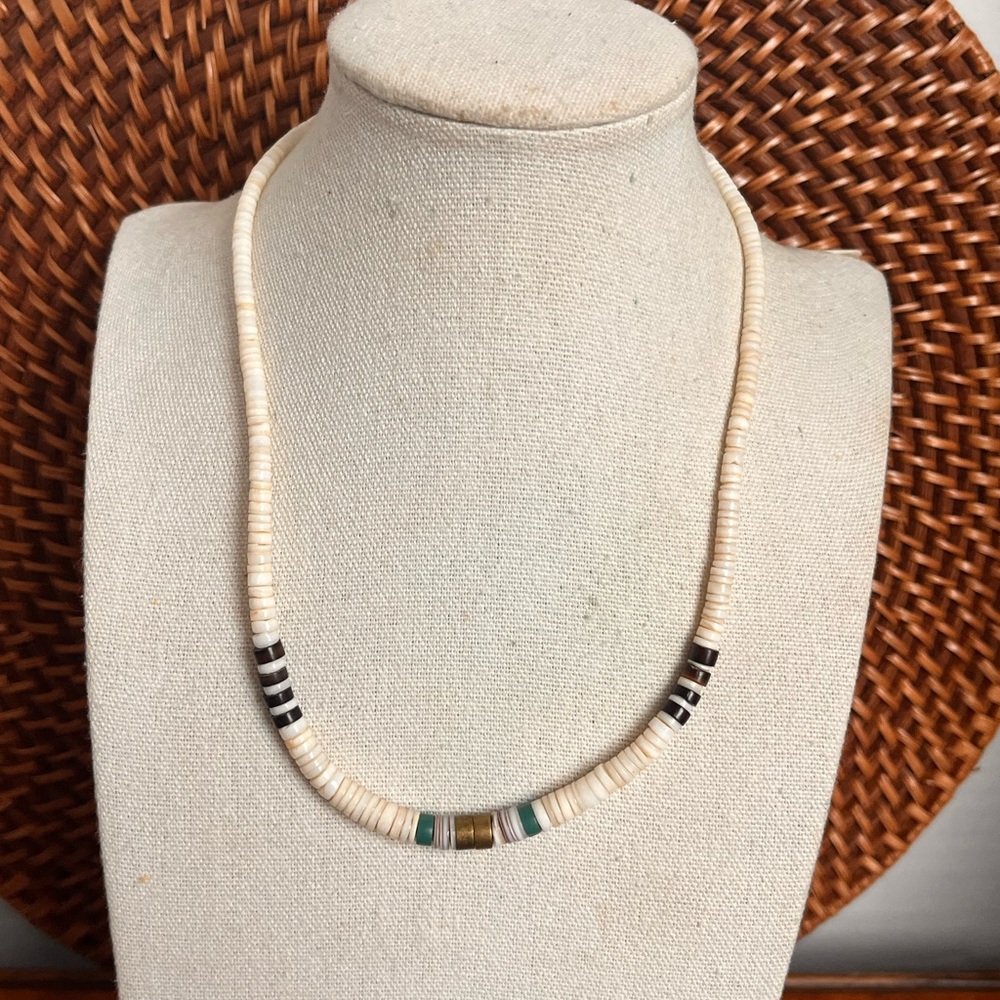 VTG Shell Heishi Necklace Turquoise Brown Brass Beads Choker 15”